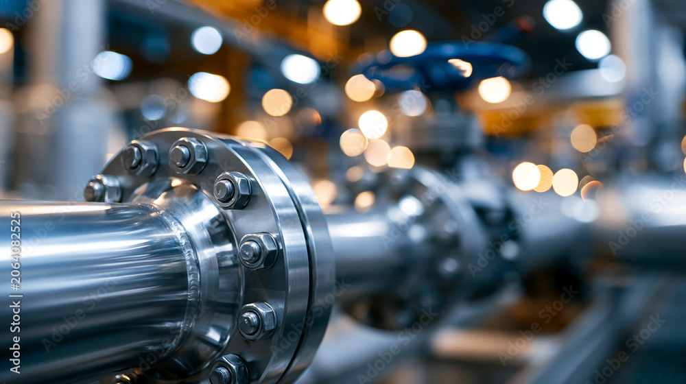 Fototapeta premium Close-up of pipeline elements and bolted joints at an industrial plant under clean factory lighting with strong lines and organized engineering detail, capturing material logistics,