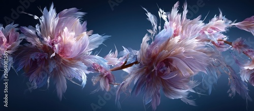 Dreamlike blossoms in pastel pinks and blues, feather-like petals swirl on a dark background, creating a flowing, ethereal composition