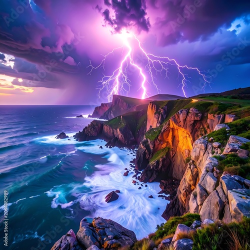 A dramatic seascape with a lightning storm over a rugged coastline (23)