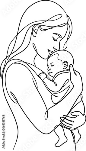 Continuous one line drawing of a loving mother holding her newborn baby.