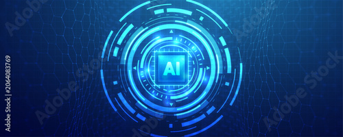 Foto Artificial intelligence microprocessor with AI symbol, digital brain and future technology concept on a blue background