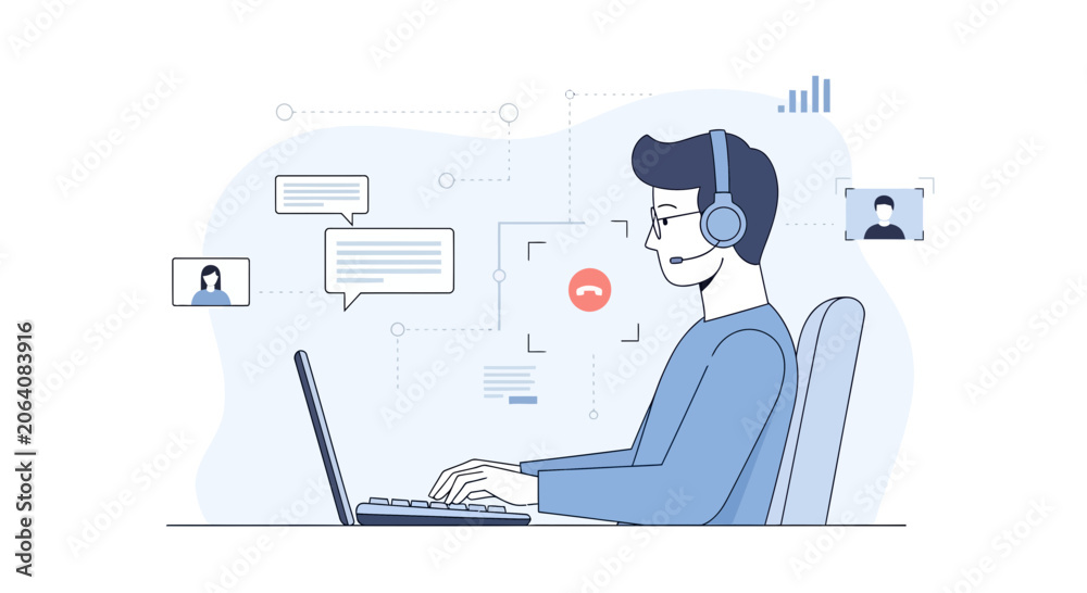Fototapeta premium Virtual Communication and Remote Work - Man with Headset on Laptop