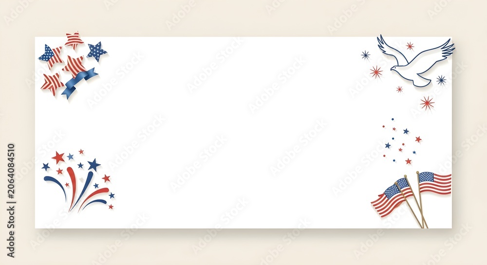Fototapeta premium USA Independence Day Patriotic Banner with Stars Eagle and Flags on White Background Copy Space