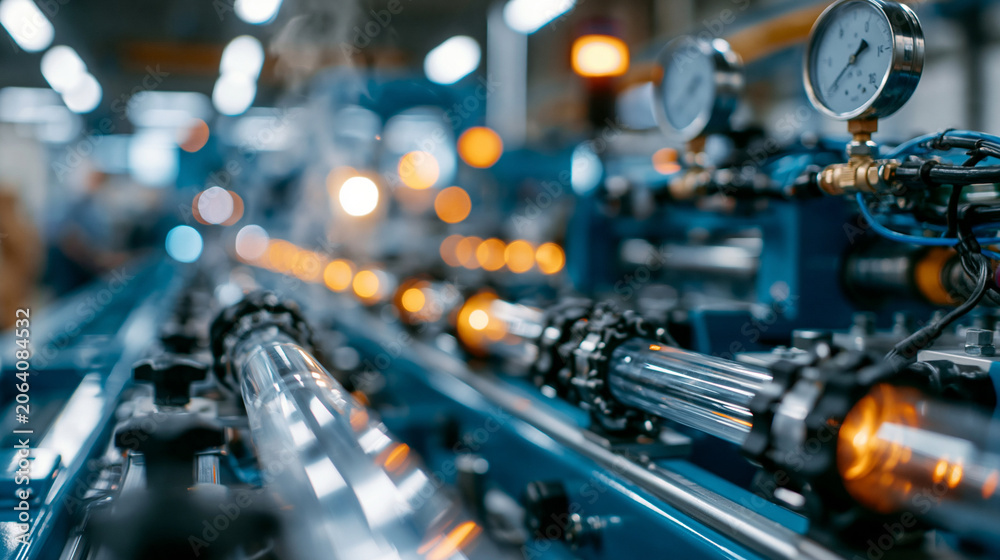 Fototapeta premium Automated processing line with plastic pipes moving through blue machinery with cinematic industrial atmosphere, subtle steam and high-detail machinery, highlighting engineering systems,