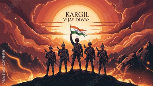 Indian soldiers standing with flag for kargil vijay diwas