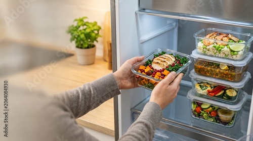 Fotografie Meal prep healthy lunch in glass containers stored in refrigerator for weekly fo