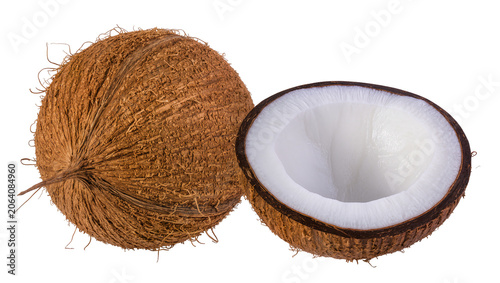 Quadro su tela Whole and halved coconut with white flesh and brown fibrous husk