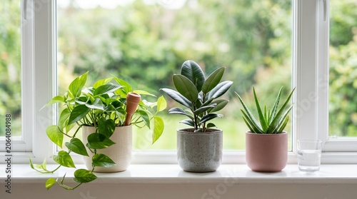 Photos Indoor houseplants on bright windowsill with pothos rubber plant and aloe vera i