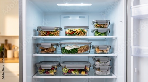 Foto Meal prep glass containers with healthy food organized in refrigerator for weekl
