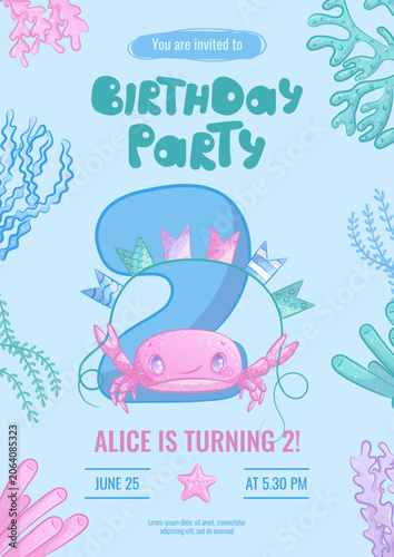 Design a children's birthday invitation with a cute cartoon smiling pink crab. 2nd anniversary party, birthday, celebration, congratulations, invitation concept. Vector illustration.