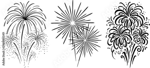 Set of black and white hand drawn firework sketches for festive designs.