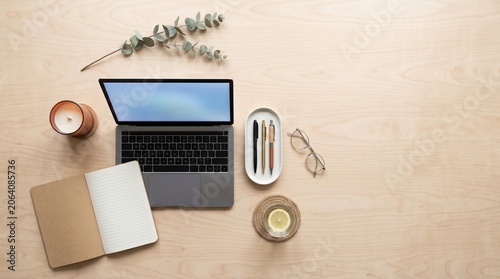 Εκτύπωση καμβά Modern home office desk flat lay with laptop notebook and eucalyptus on wood wit