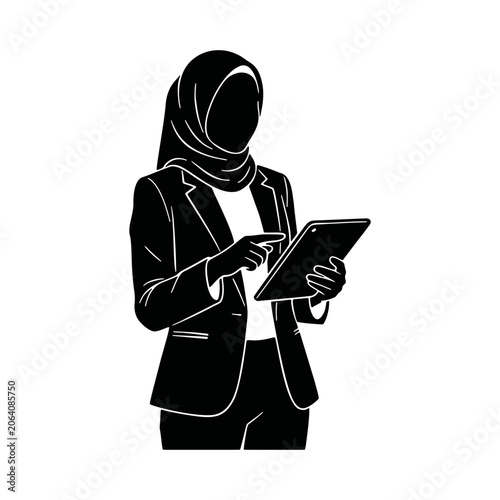 Professional woman in hijab using a tablet with a focused expression