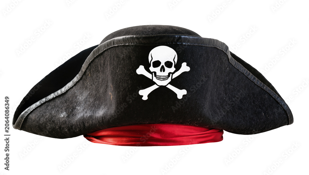 Naklejka premium Black pirate hat with skull and crossbones emblem and red sash