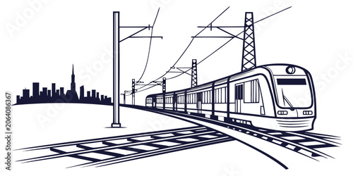 Schilderij op canvas Commuter train on rails near city skyline sketch graphic with commuter transport