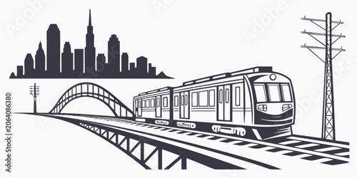 Tableau sur toile Modern passenger train traveling across city bridge with skyline silhouette comm