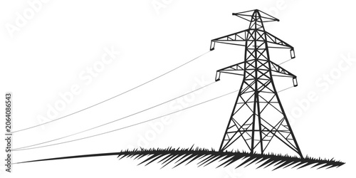 Cuadro en lienzo Silhouette of a high voltage electricity pylon on a grassy hill vector graphic w