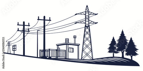 Photos Electrical substation with power pylons and transmission lines near pine trees f