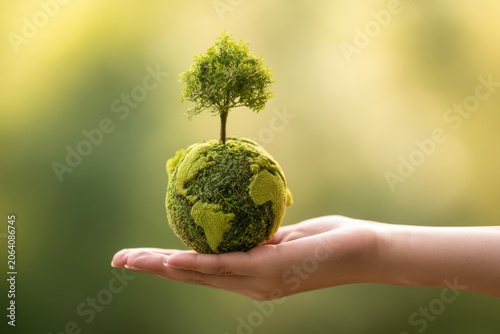 Sustainable World Concept With Green Globe And Young Plants In Hands