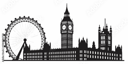 Obraz na plátně London city skyline silhouette including big ben and giant observation wheel wit