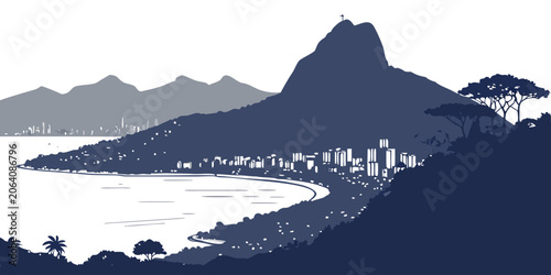 Schilderij op canvas Silhouette landscape of rio de janeiro coastline with sugarloaf mountain and oce