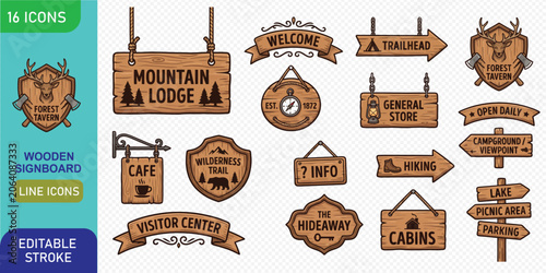 Fotografía A set of modern rustic wooden signs and icons with editable strokes for mountain lodge, cabins, camping, hiking, and outdoor adventures in a scenic landscape