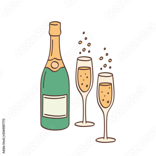 Champagne bottle with two sparkling flute glasses. Vector colorful doodle hand drawn illustration for weddings, celebrations, and anniversaries