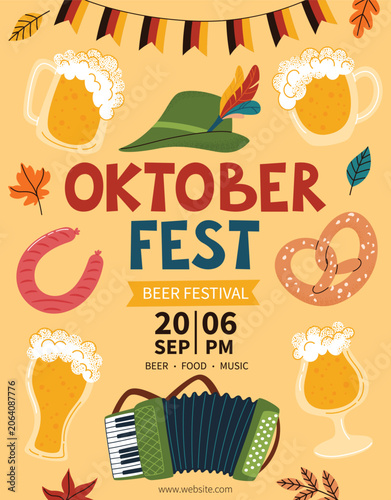 Oktoberfest poster design with beer, traditional festival food and objects. Event advertisement template with flat style vector illustrations