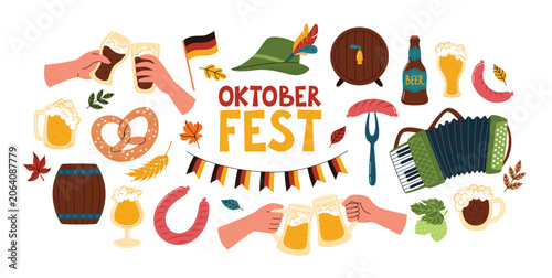 Oktoberfest collection of traditional food, objects and symbols of festival. Flat style vector illustrations set isolated on white background