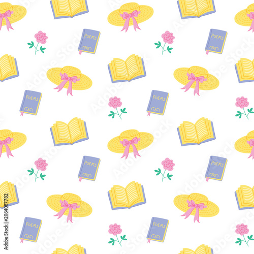 Romantic summer seamless pattern with female straw hats, poetry books and peony flowers. Vector pattern design