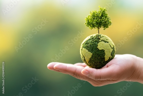 Sustainable World Concept With Green Globe And Young Plants In Hands