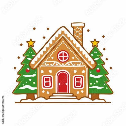 Gingerbread House with Christmas Trees and Snow
