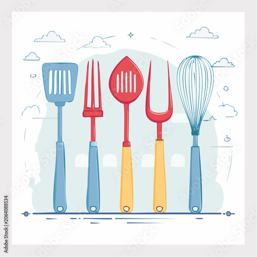 Set of colorful kitchen utensils with clouds and sky background