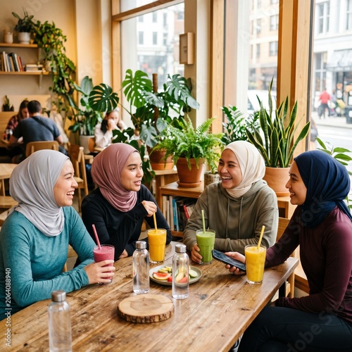  Modern Women Relaxing at a Healthy Café