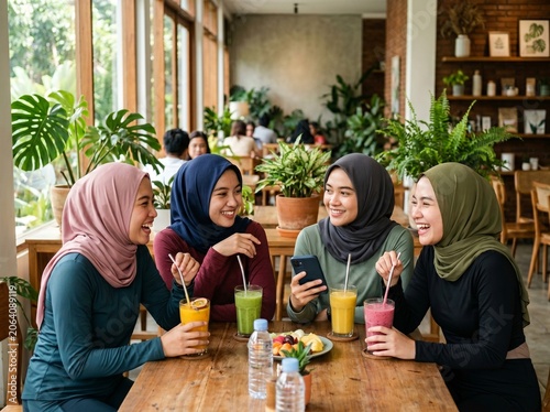  Modern Women Relaxing at a Healthy Café