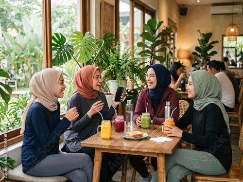  Modern Women Relaxing at a Healthy Café