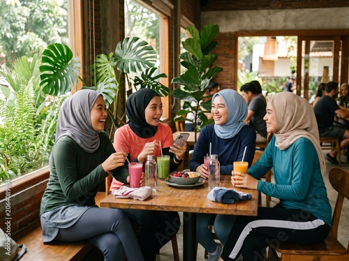  Modern Women Relaxing at a Healthy Café