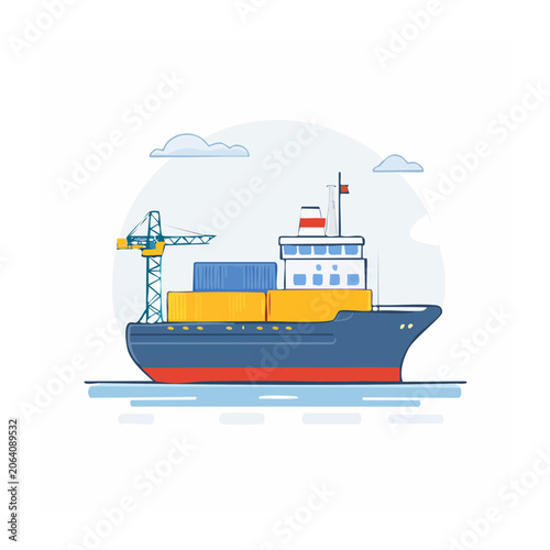 Blue cargo ship with containers and crane