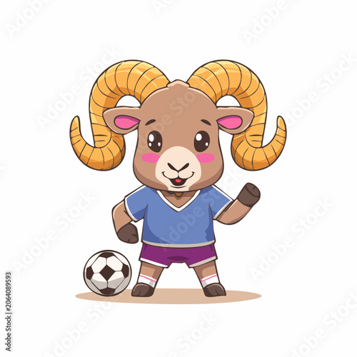 Cute Cartoon Ram Character Playing Soccer