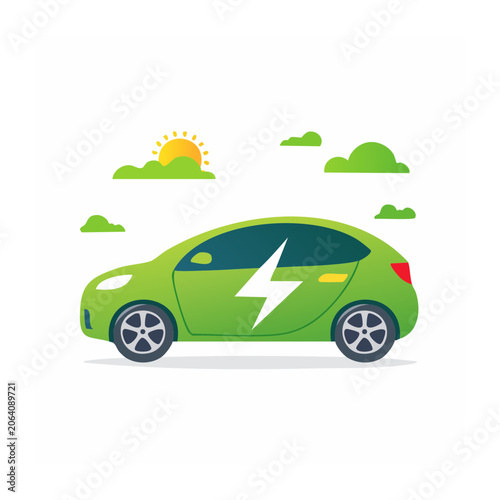 Flat design green eco-friendly car with sun and clouds
