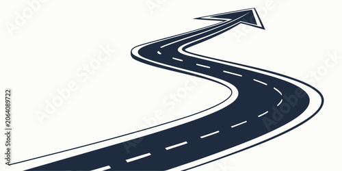 Winding highway road shaped as an arrow representing corporate growth and vision with corporate business direction strategy development planning