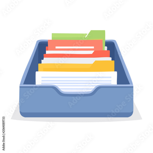 Flat design illustration of a filing tray with colorful folders and