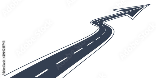 Winding road forming an arrow shape representing future path and career development with development direction strategy business planning