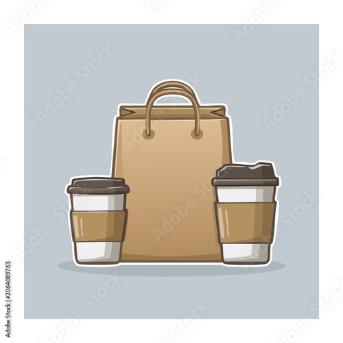 Flat design illustration of shopping bag and coffee cups