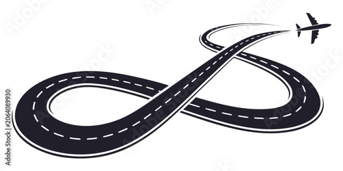 Airplane flying over an infinity shaped highway road concept with airplane infinity aviation transportation destination abstract movement