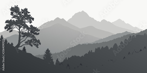 Vászonkép Monochrome mountain range landscape with a prominent foreground tree silhouette
