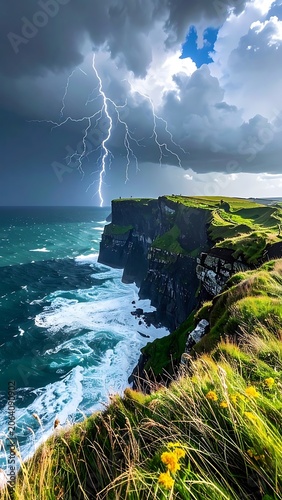 A dramatic seascape with a lightning storm over a rugged coastline (36)