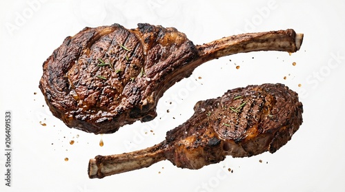 Two perfectly seared, succulent tomahawk steaks float against a minimalist backdrop, garnished with fresh herbs and coarse sea salt.