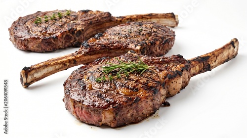 Two perfectly seared, succulent tomahawk steaks float against a minimalist backdrop, garnished with fresh herbs and coarse sea salt.