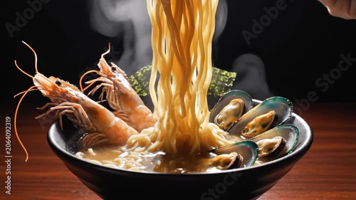 Close up noodle pull with shrimp and mussels